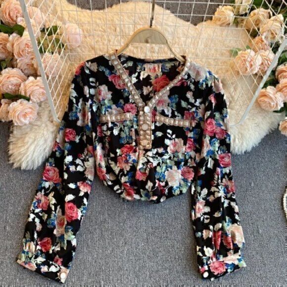 V neck Single-breasted Long-sleeved Floral Chiffon Shirts XL - Picture 1 of 12